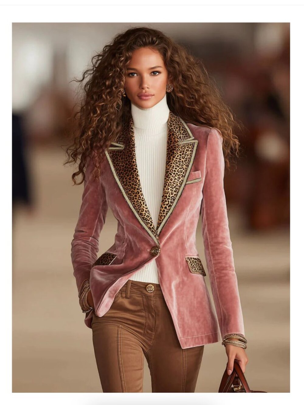 Pink Velvet Stitching Leopard Print One Button Blazer